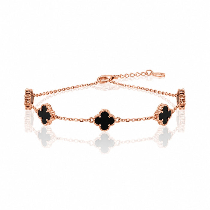Rose Gold Narukvica sa 5 Crnih Detelina - Srebro 925