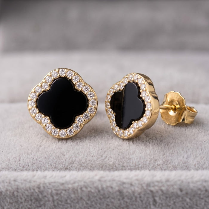 Crne minđuše Detelina Onyx Sparkle Gold - Srebro 925