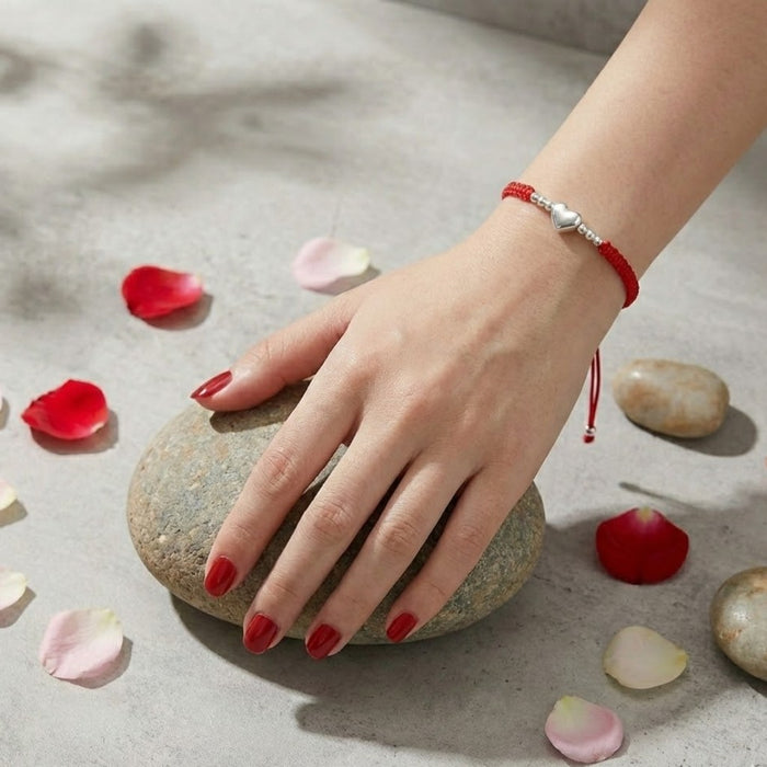 Narukvica Crveni Konac Pleteno Srce - Srebro 925