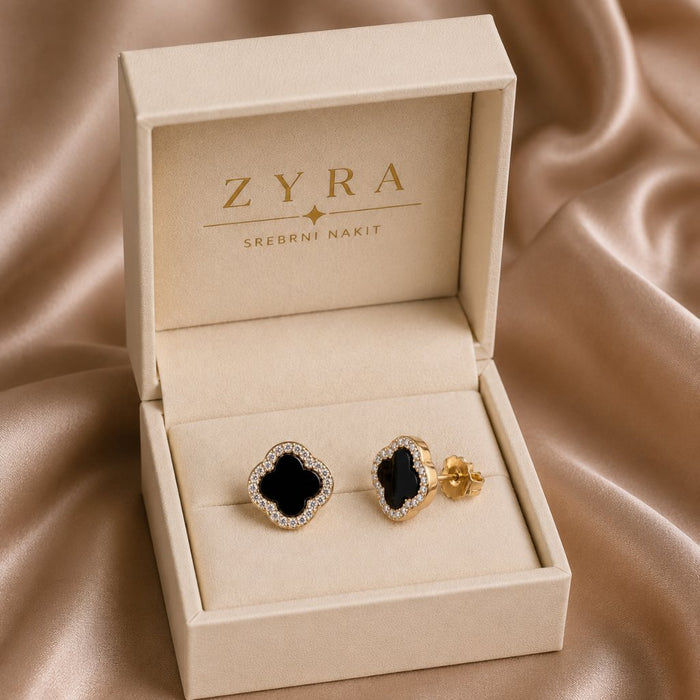 Crne minđuše Detelina Onyx Sparkle Gold - Srebro 925