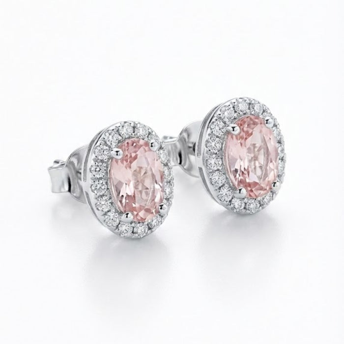 Srebrne Halo Minđuše sa Morganit Roze Kamenom - Srebro 925