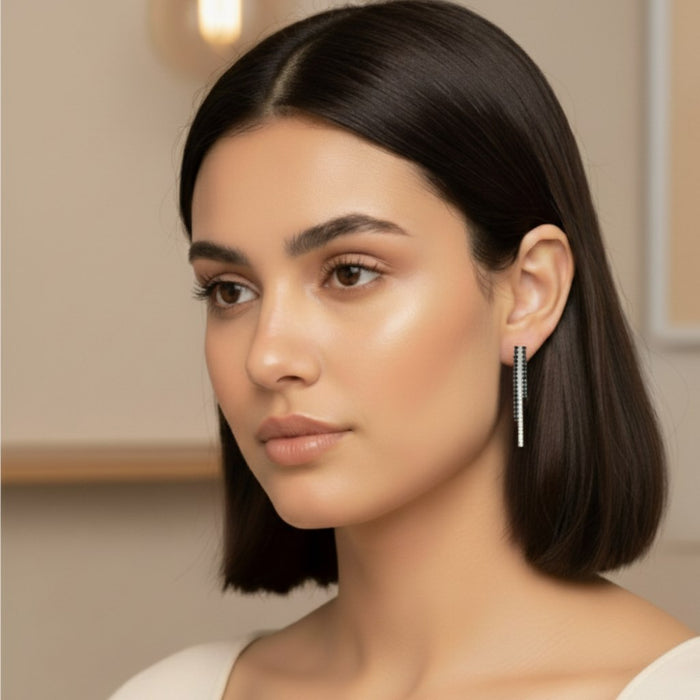 Minđuše 3 Reda Linija - Srebrne Crno Bele Viseće