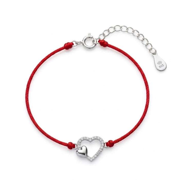 Srebrna Narukvica Crveni Konac Double Heart - Srebro 925