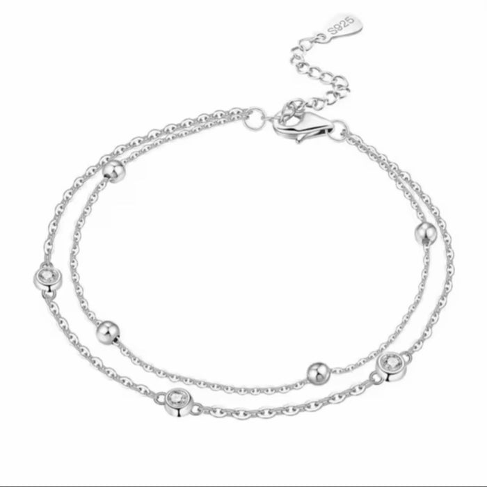 Srebrna Narukvica Double Layer Beads & Zircon - Srebro 925