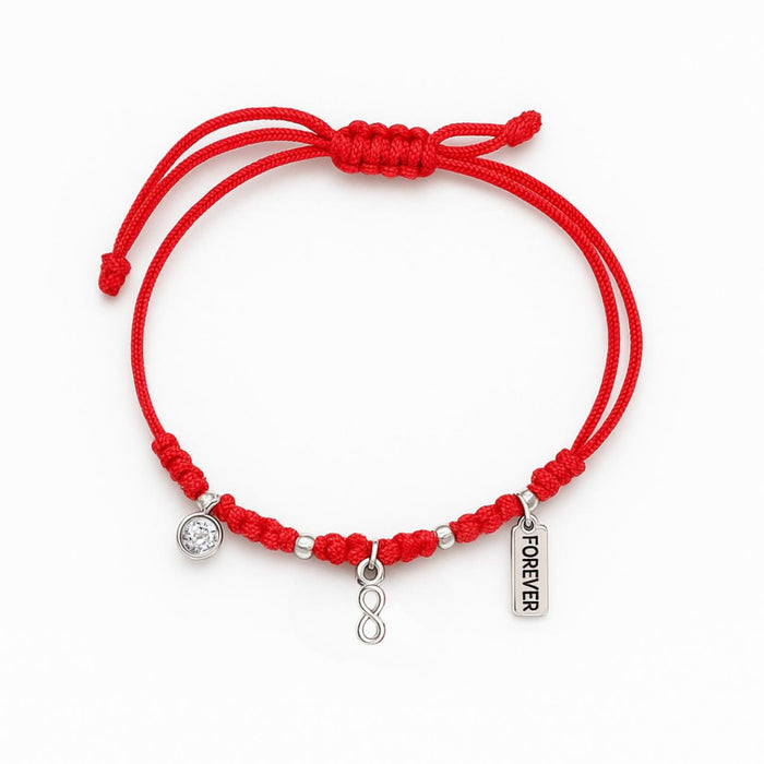 Crvena konac narukvica sa infinity simbolom i natpisom "Forever"