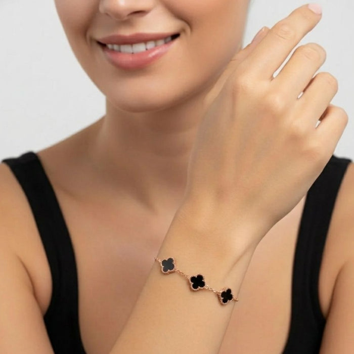 Narukvica sa 3 Deteline Rose Gold Crna - Srebro 925