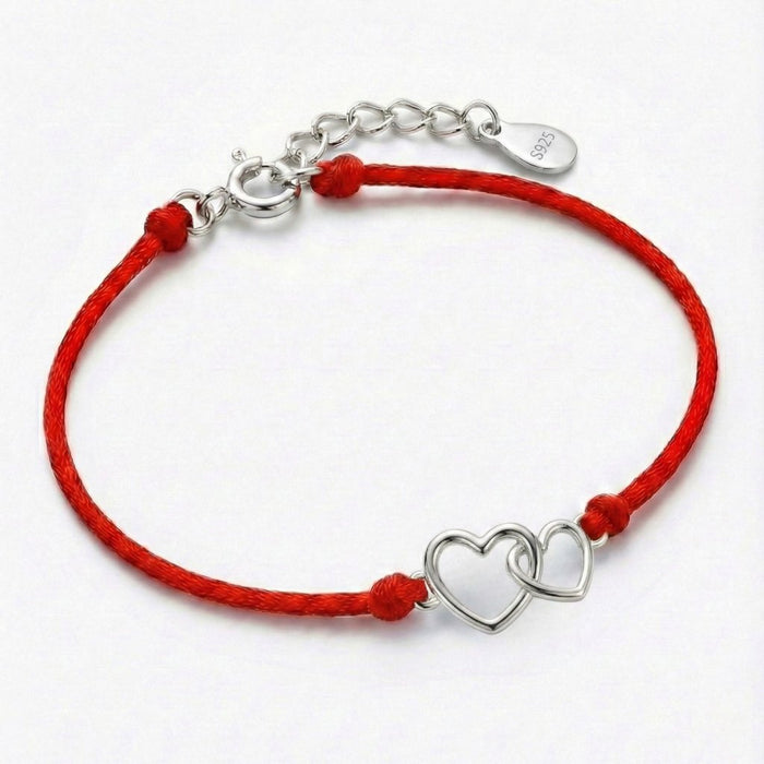 Srebrna Narukvica Duo Heart High Shine na Crvenom Koncu - Srebro 925